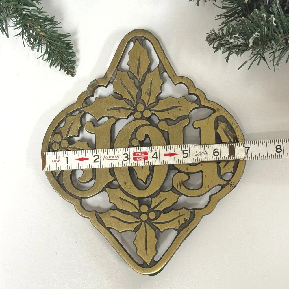 Vintage Metal Joy Trivet Holly Leaf Christmas Holiday Wall Decor Sign Brass Tone